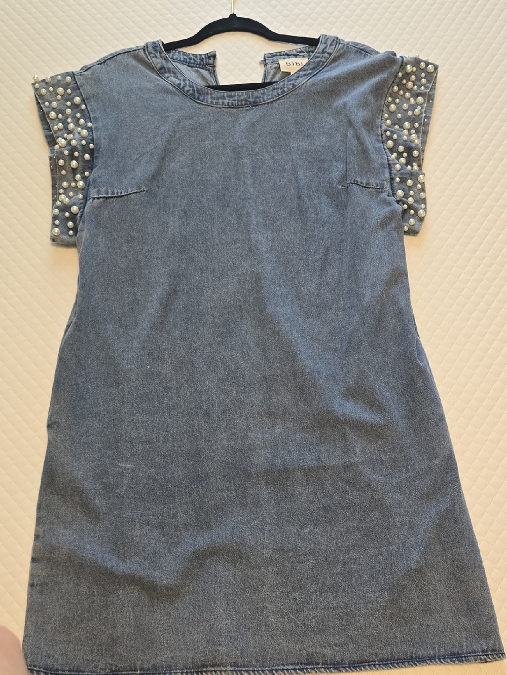 BiBi Denim Shift Dress with Pearl-Studded Cap Sleeves - Blue